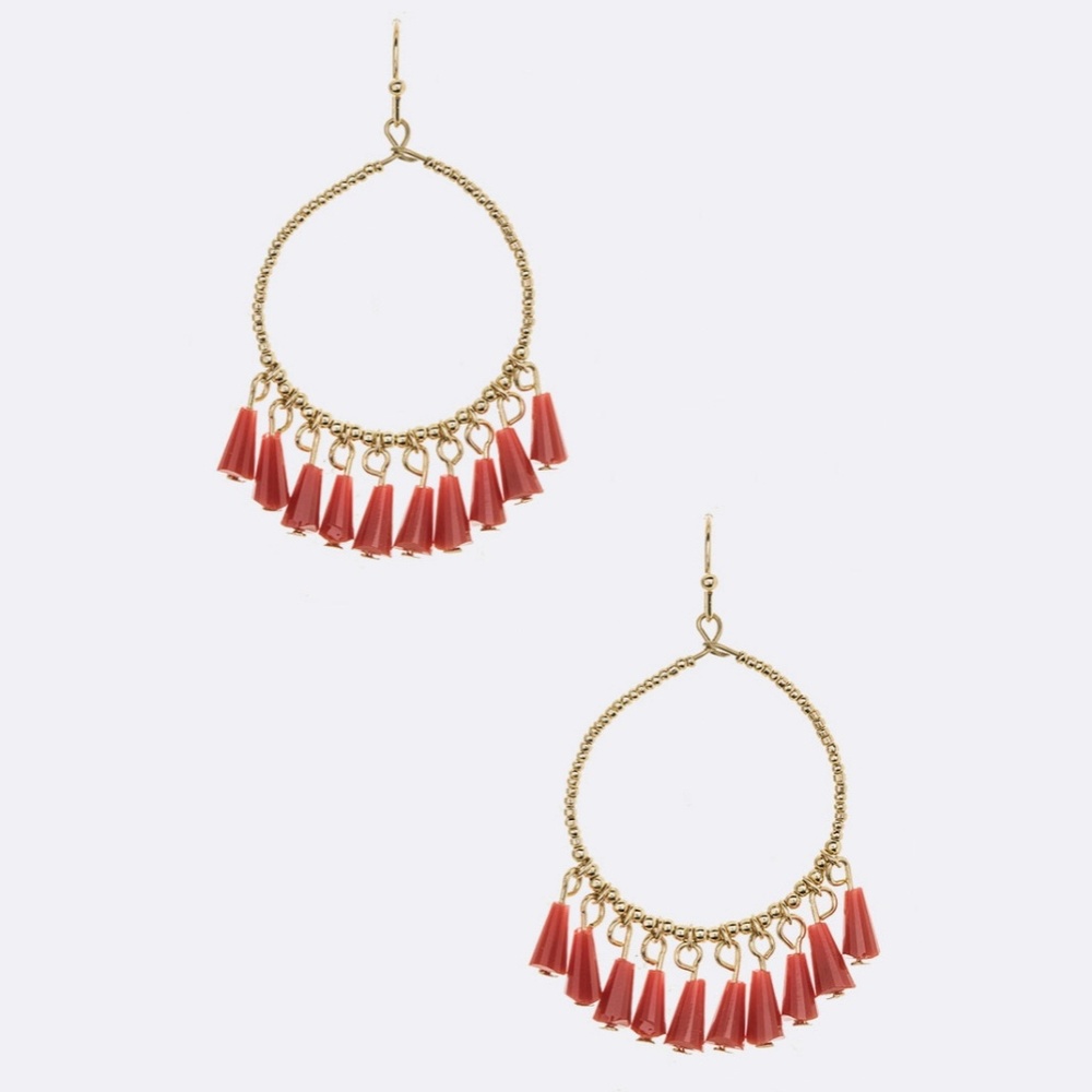 Gold & Red Hoop Dangle Beaded Earrings NWT